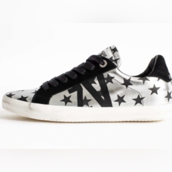 NIB Zadig & Voltaire Circus Stars Sneakers 37 Silver Black Suede Trim US 6 - Picture 1 of 12